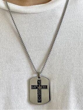 Men's Stainless Steel Dog Tag Necklace with Black Cross nib